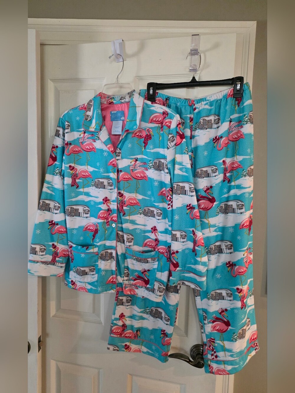 Nick & Nora Kids Fleece Airstream Camper Pink Flamingo Flannel Pajama Set XL 16